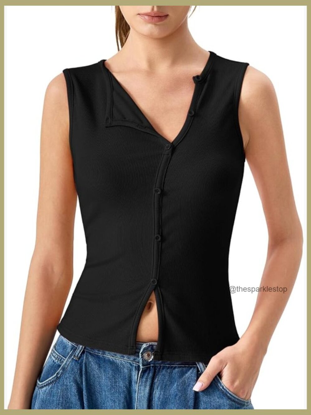 Sleeveless Ribbed Crewneck Tank Top with Button Fastening